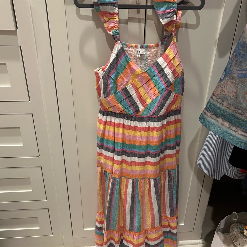 THML Striped Ruffled Strap Maxi Dress - Pink, Yellow, Teal, White
